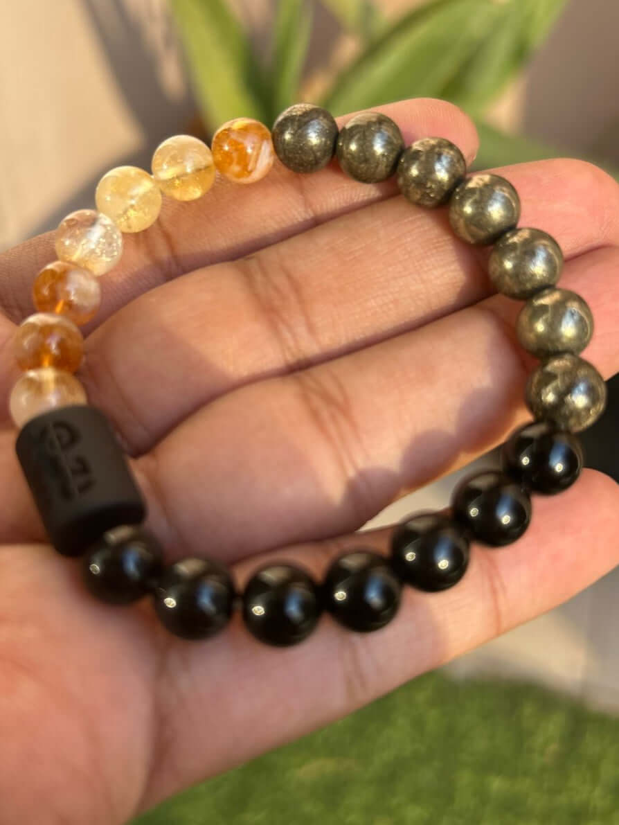Citrine Pyrite Black Obsidian Bracelet in gift pouch – natural crystal jewelry for success